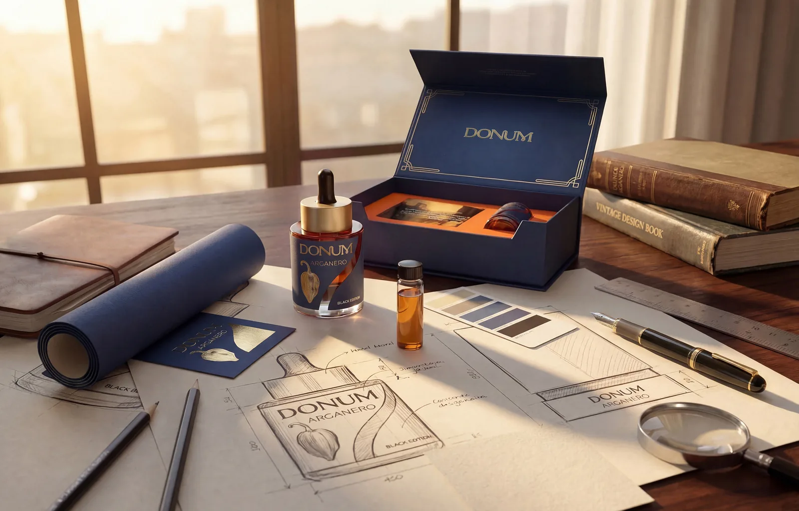 Personalisierung einer DONUM Edition – Schreibtisch mit Box, Entwürfen und Details
